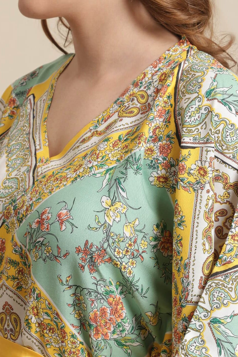 Yellow Color Floral Printed Rayon Night Dress Kaftan