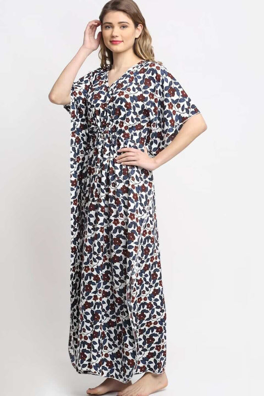 White and Blue Floral Printed Viscose Rayon Kaftan