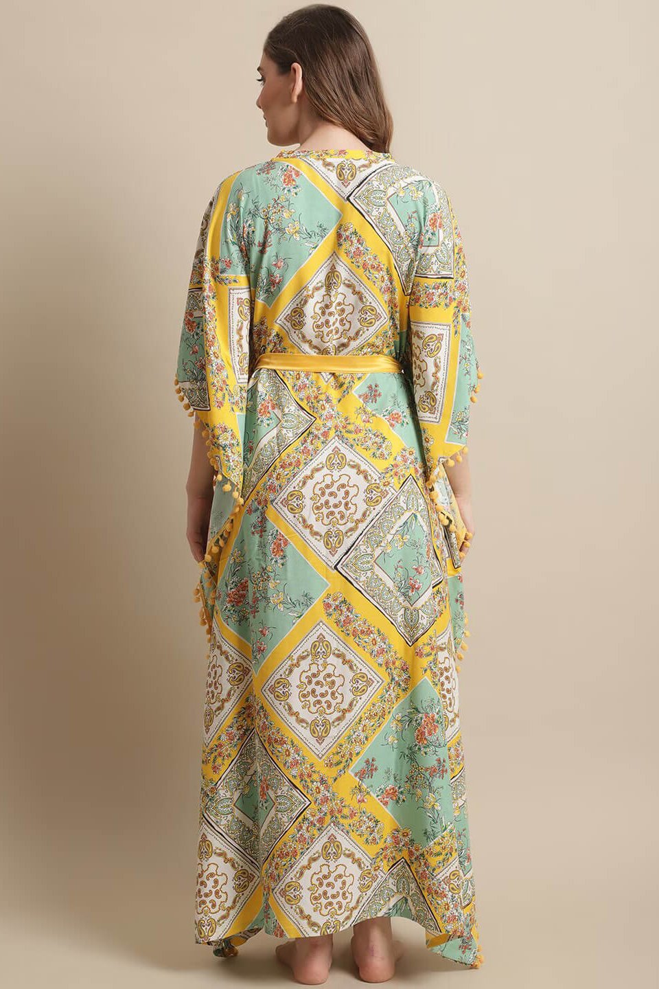Yellow Color Floral Printed Rayon Night Dress Kaftan