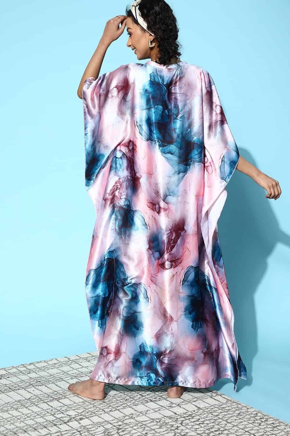 Pink Color Tie and Dye Printed Satin Nightdress Kaftan For Women