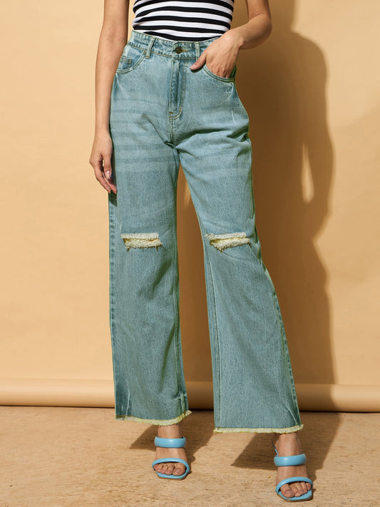 Women Turquoise Blue Wash Distressed Slashed Knee Frayed Jeans