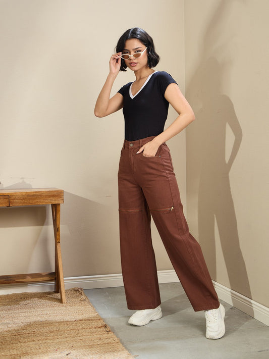 Women Brown Zipper Design Baggy Jeans