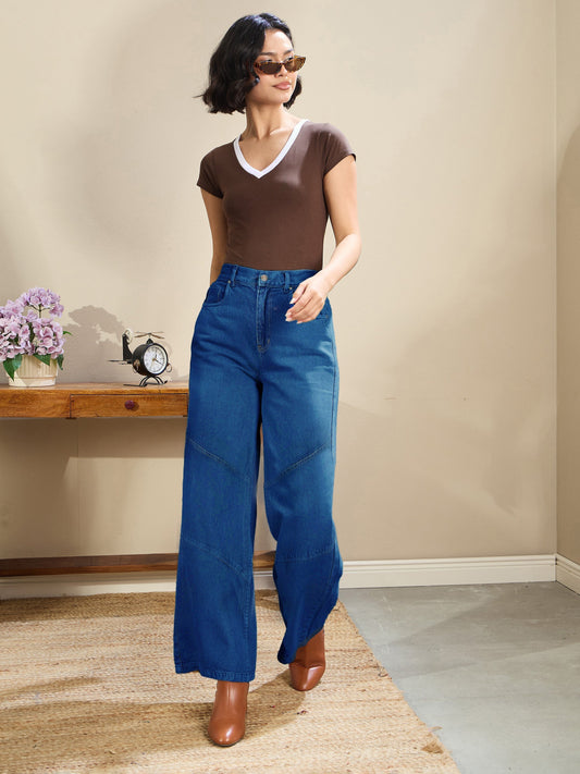 Women Navy High-Rise Stitch Detail Straight Jeans