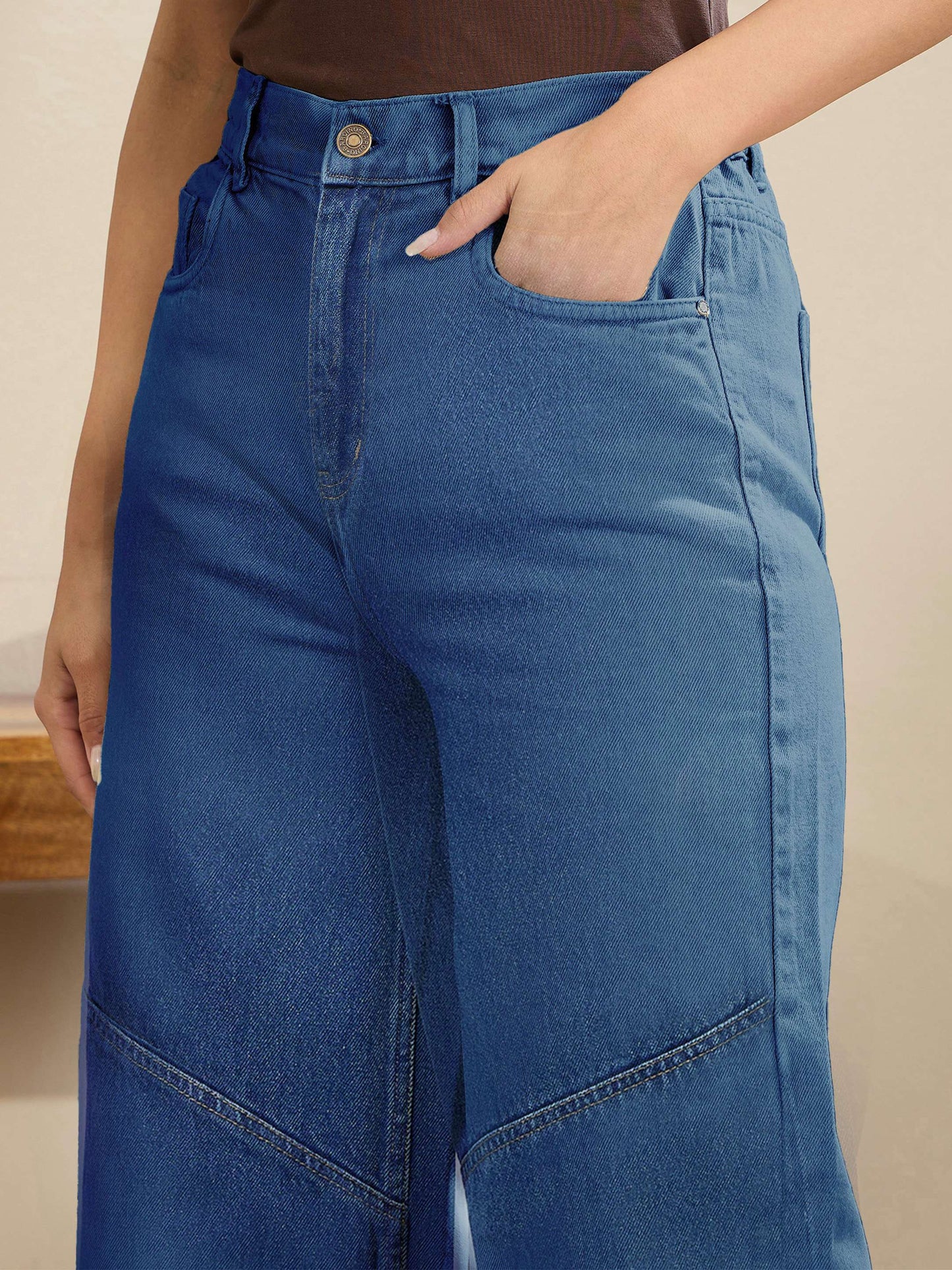 Women Navy High-Rise Stitch Detail Straight Jeans