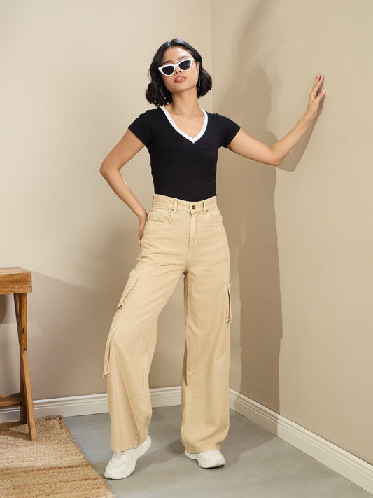 Women Beige Box Pocket Straight Cargo Jeans