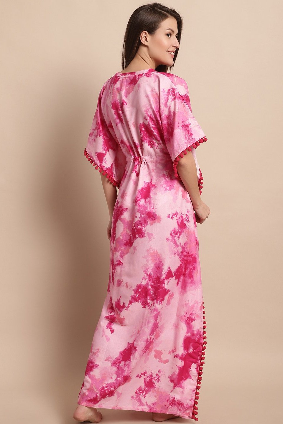 Pink Floral Printed Viscose Rayon Nightdress Kaftan