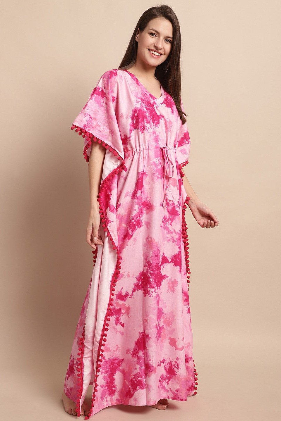 Pink Floral Printed Viscose Rayon Nightdress Kaftan