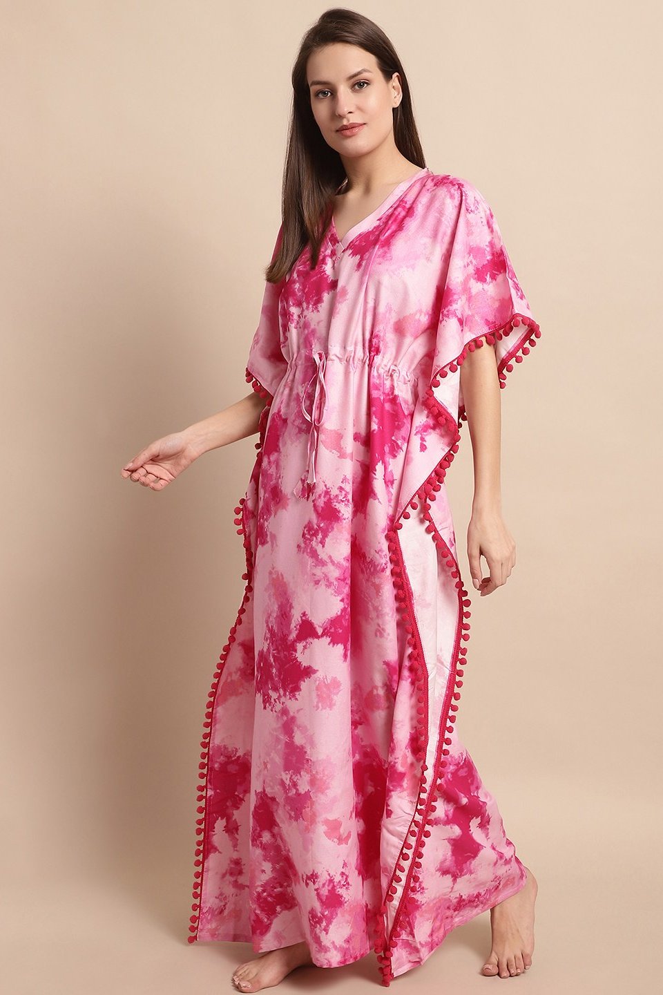 Pink Floral Printed Viscose Rayon Nightdress Kaftan