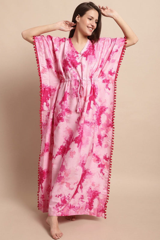 Pink Floral Printed Viscose Rayon Nightdress Kaftan
