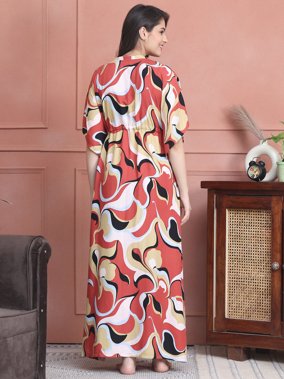 Rust Colour Abstract Printed Viscose Rayon Kaftan For Women