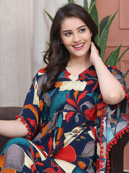 Navy Colour Abstract Printed Viscose Rayon Kaftan For Women
