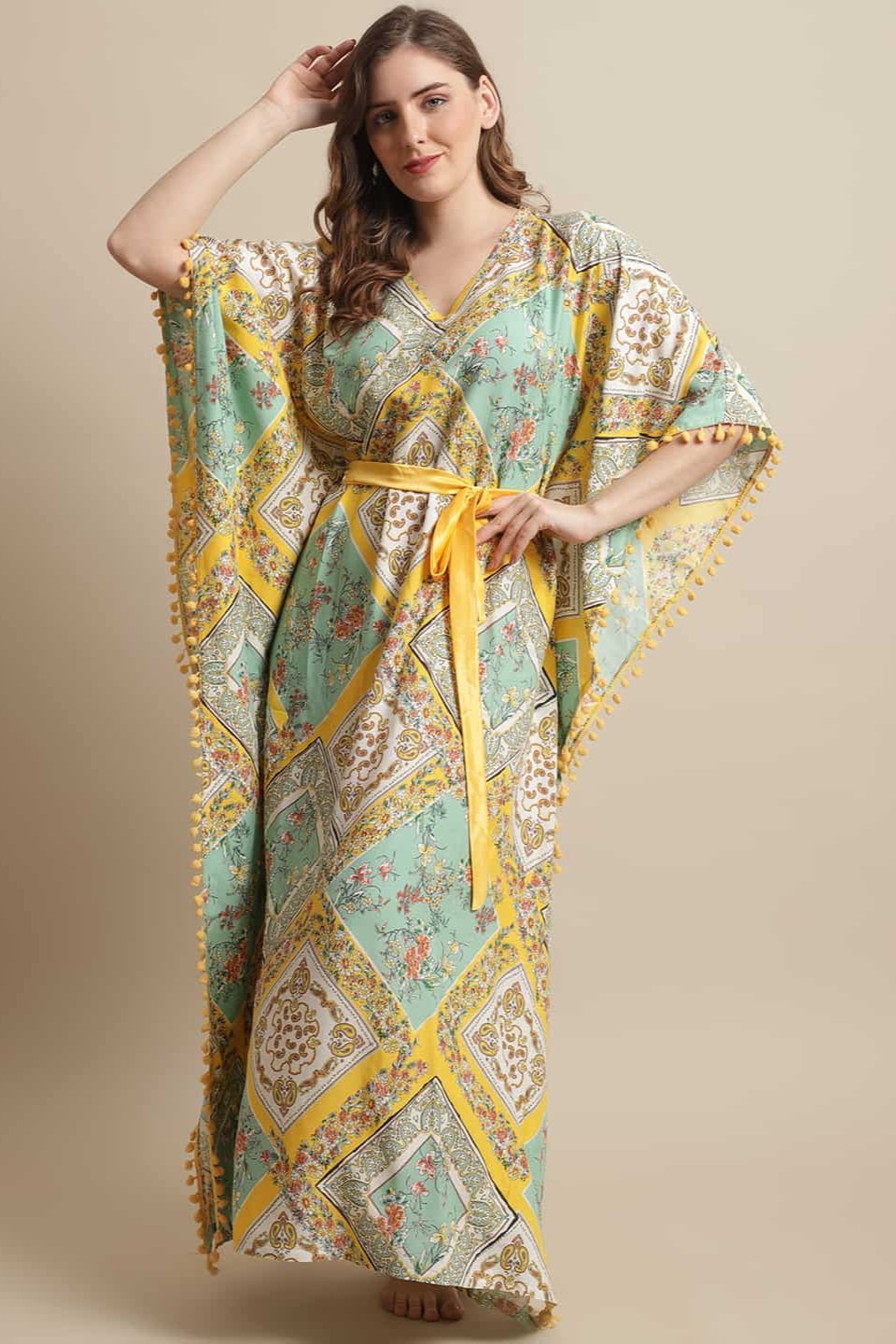 Yellow Color Floral Printed Rayon Night Dress Kaftan