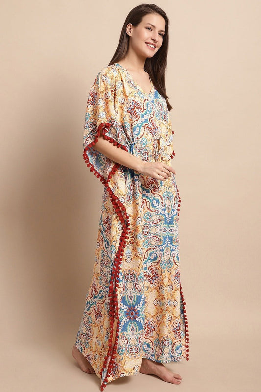 Multicolor Flared Printed Viscose Rayon Kaftan For Woman