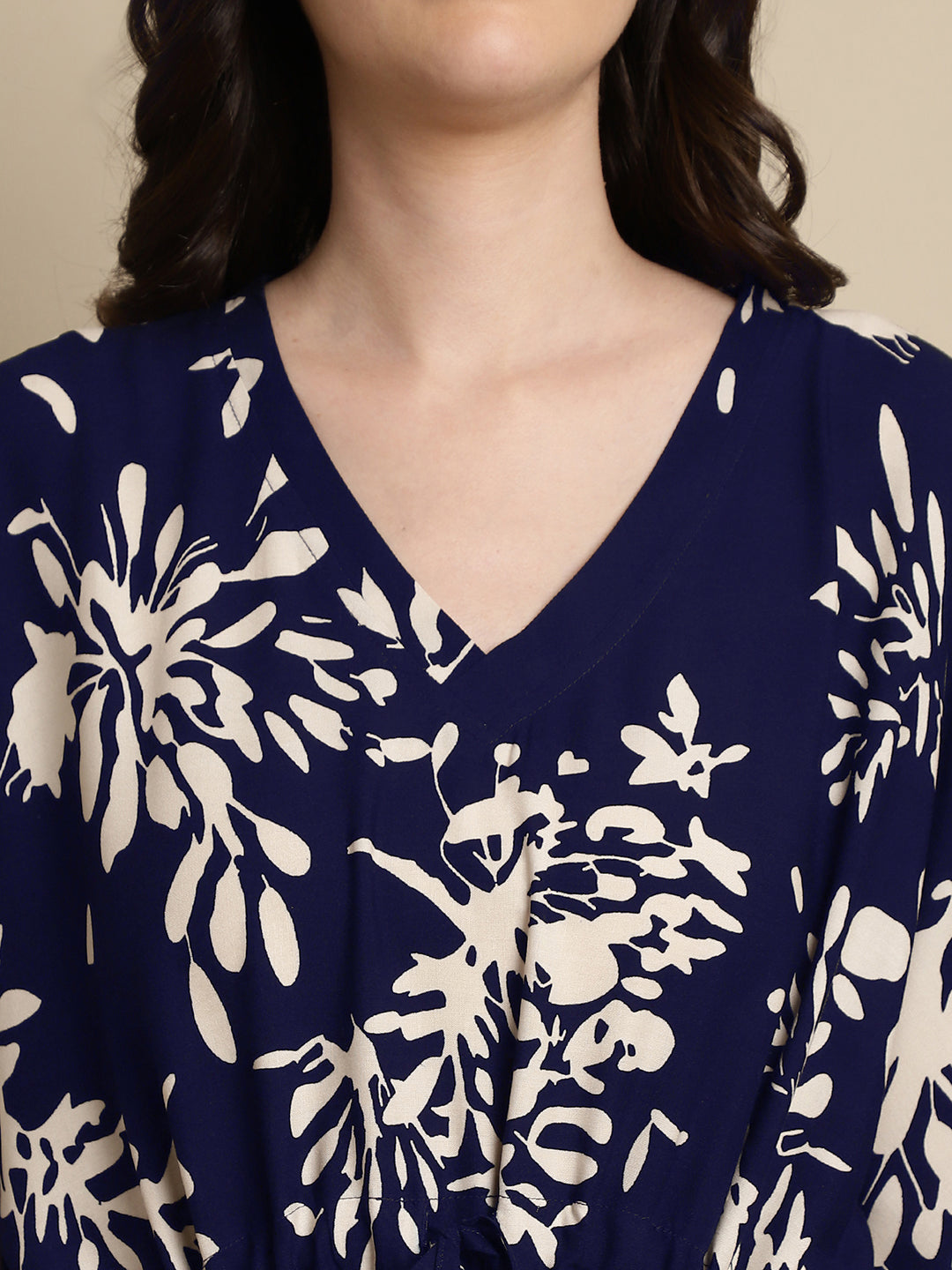 Navy Color Floral Printed Viscose Rayon Kaftan For Women