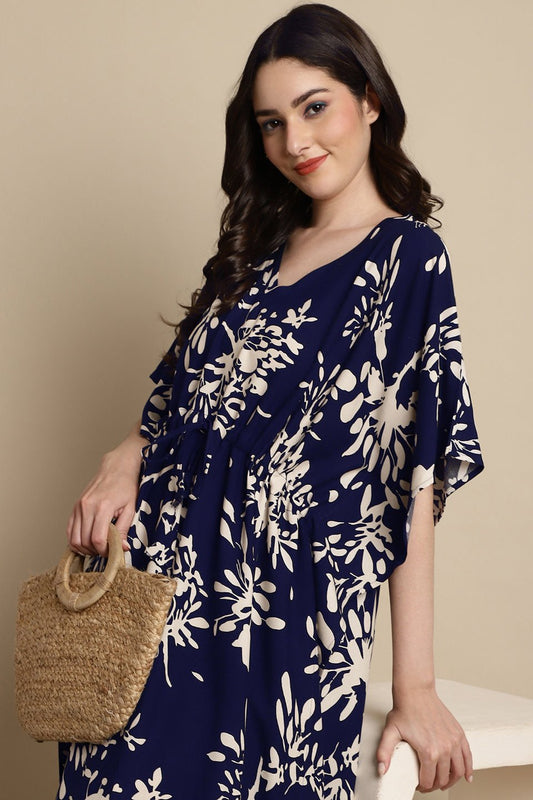 Navy Color Floral Printed Viscose Rayon Kaftan For Women