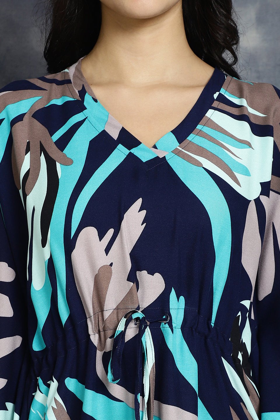 Navy Colour Abstract Printed Maxi Kaftan Nightdress