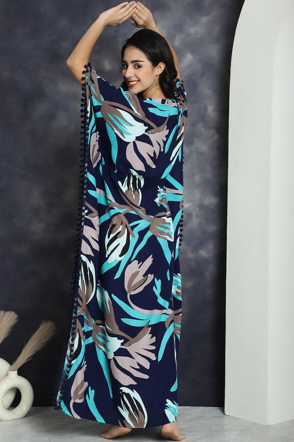 Navy Colour Abstract Printed Maxi Kaftan Nightdress