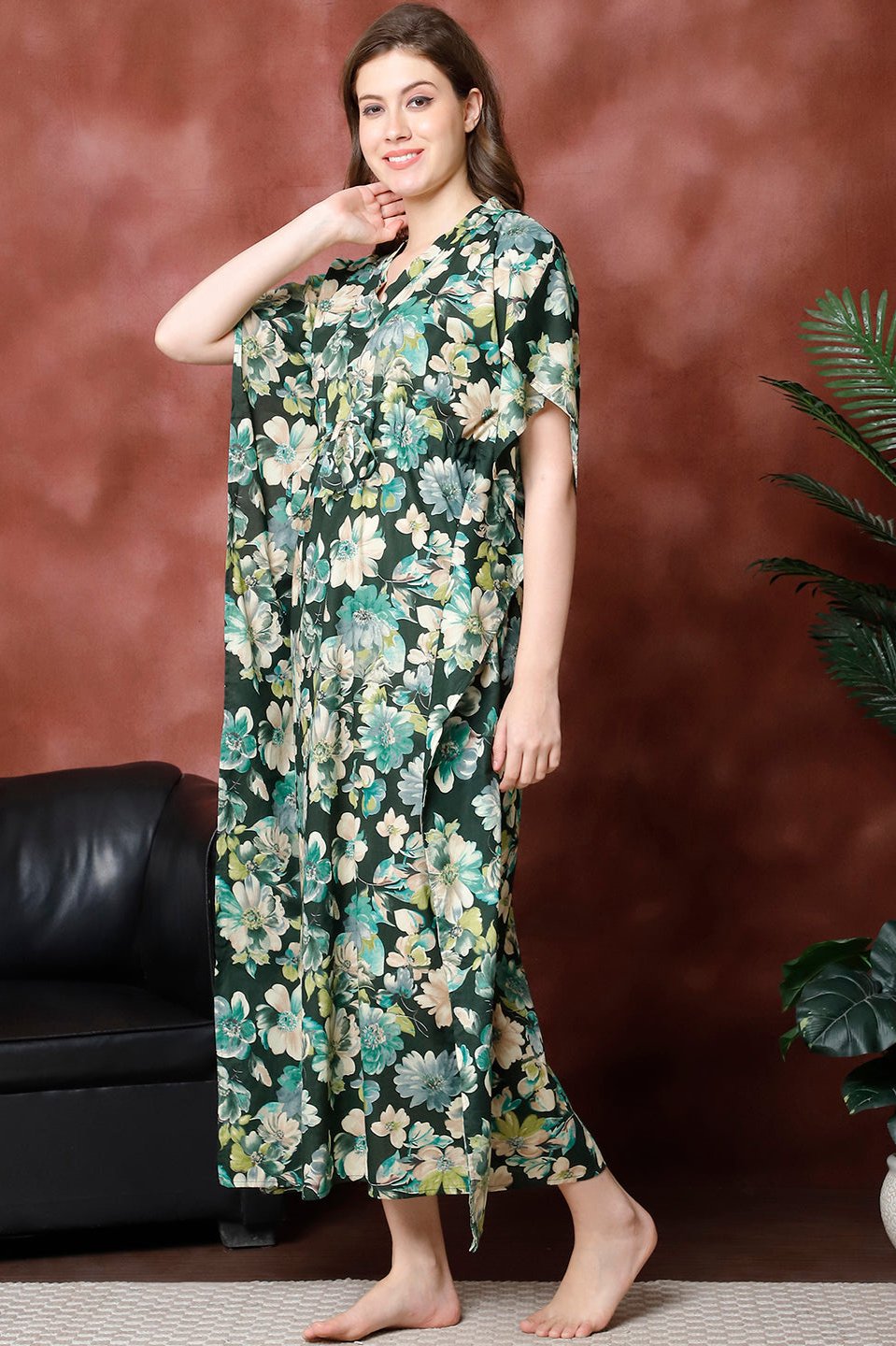 Green Color Floral Printed Pure Cotton Kaftan For Women