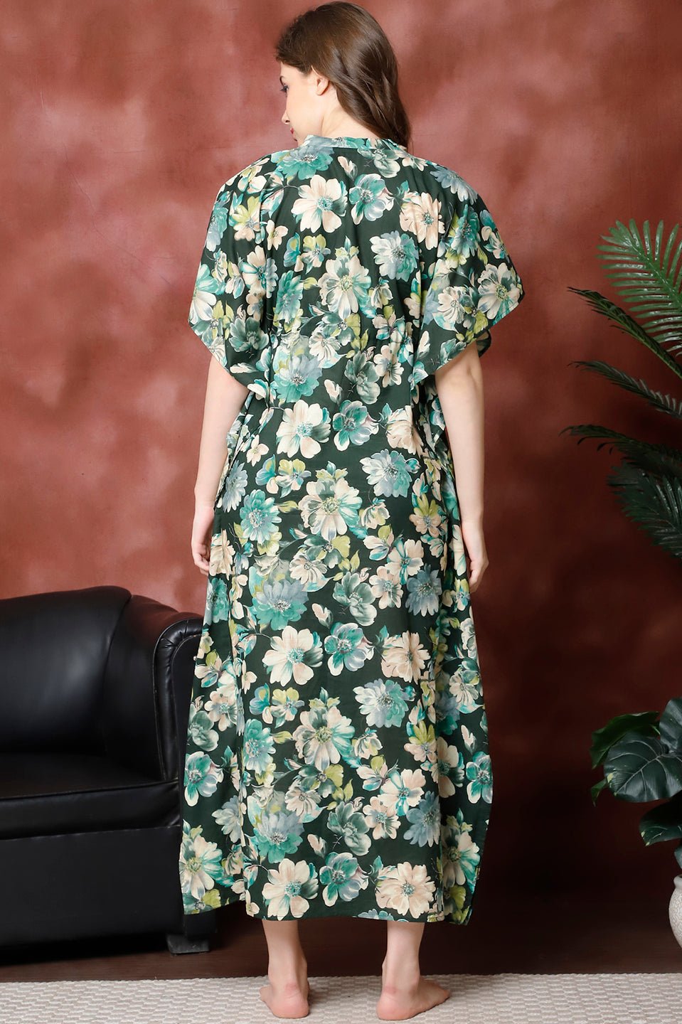 Green Color Floral Printed Pure Cotton Kaftan For Women