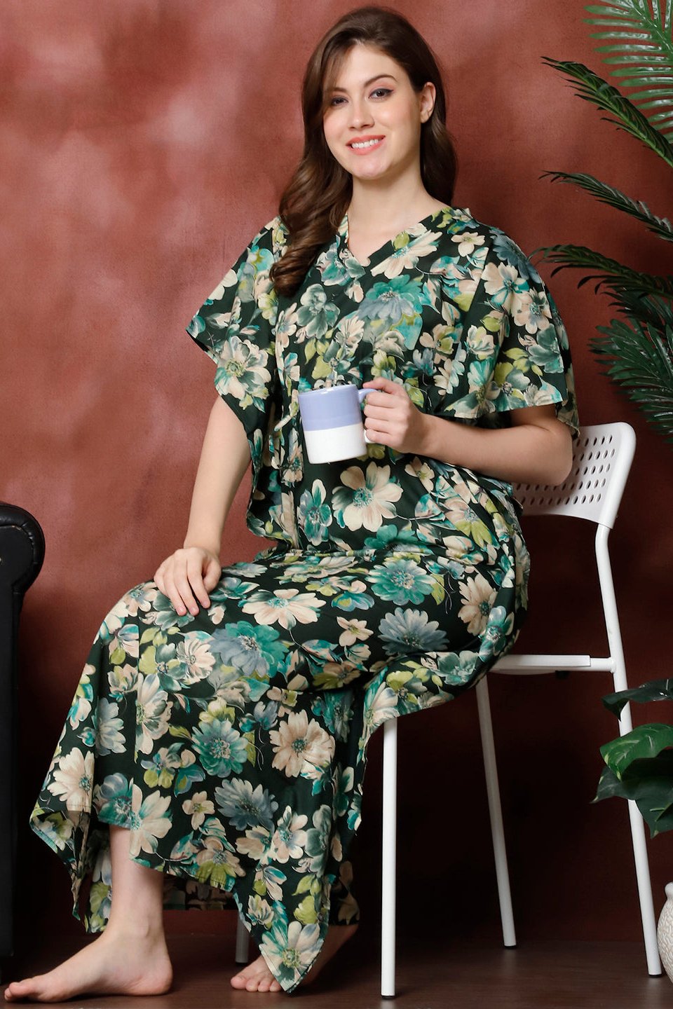 Green Color Floral Printed Pure Cotton Kaftan For Women