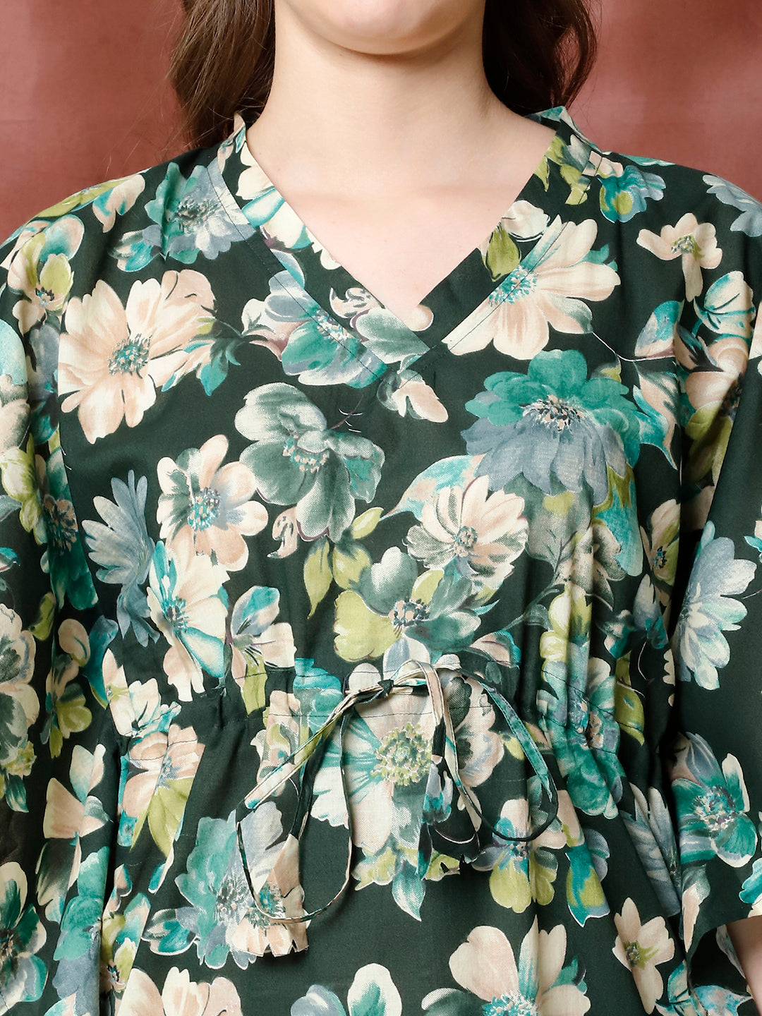 Green Color Floral Printed Pure Cotton Kaftan For Women