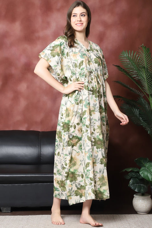 Green Color Floral Printed Pure Cotton Kaftan For Women