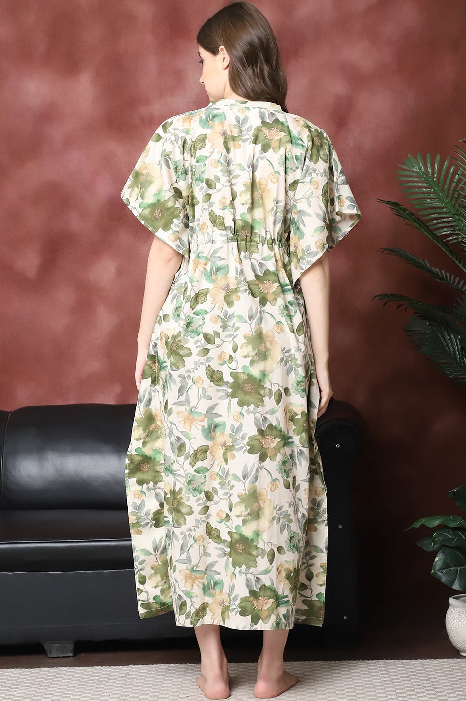 Green Color Floral Printed Pure Cotton Kaftan For Women