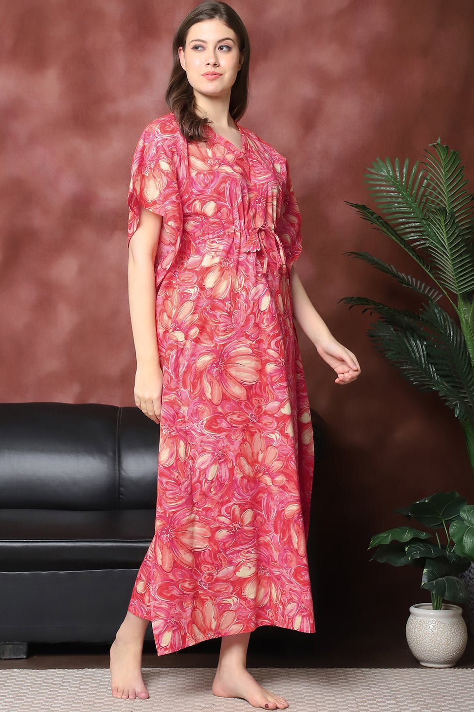 Red Color Floral Printed Pure Cotton Kaftan For Women