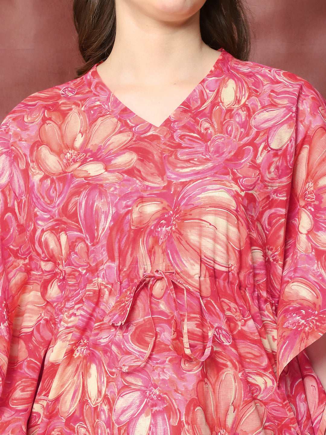 Red Color Floral Printed Pure Cotton Kaftan For Women