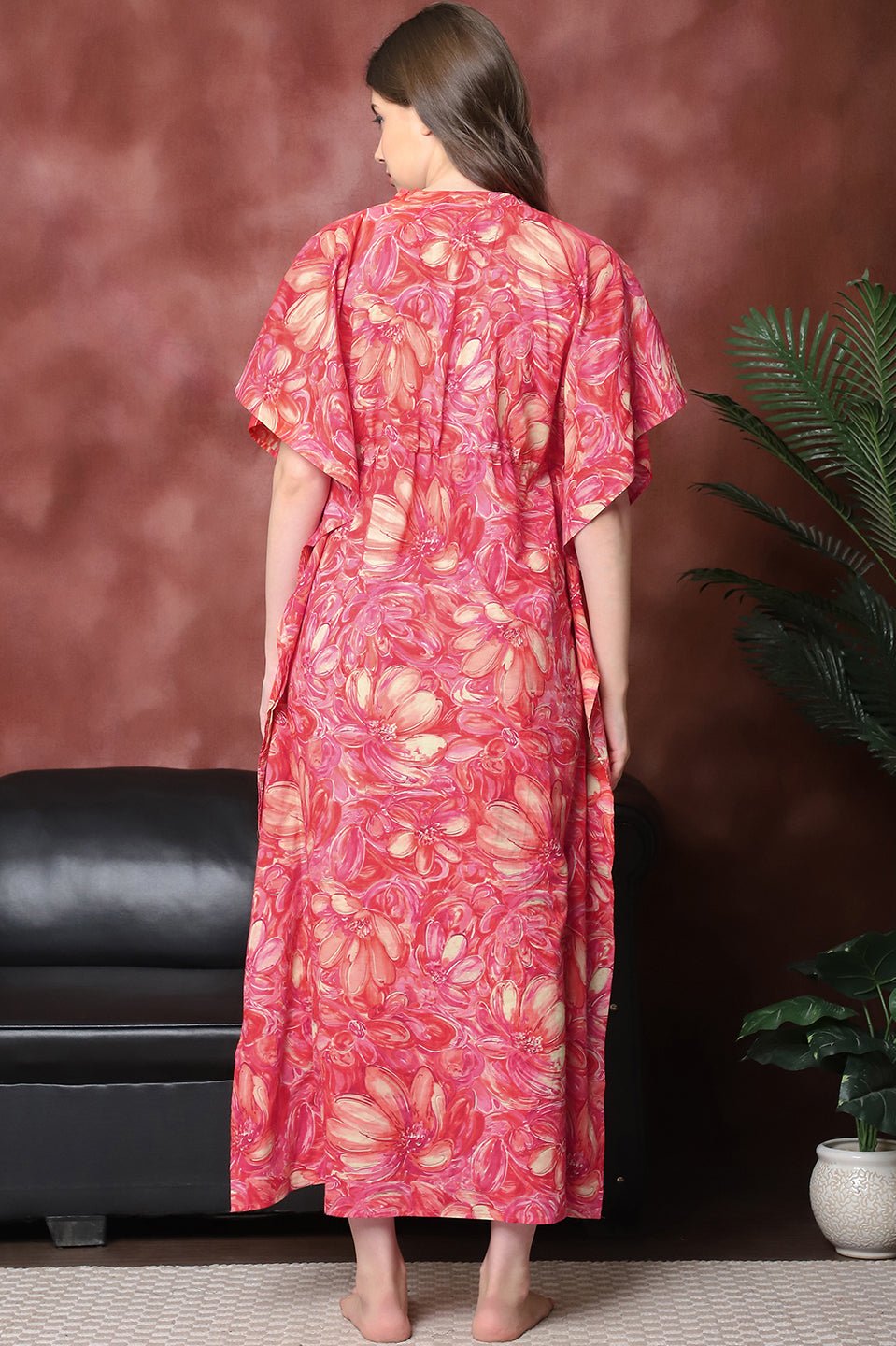 Red Color Floral Printed Pure Cotton Kaftan For Women