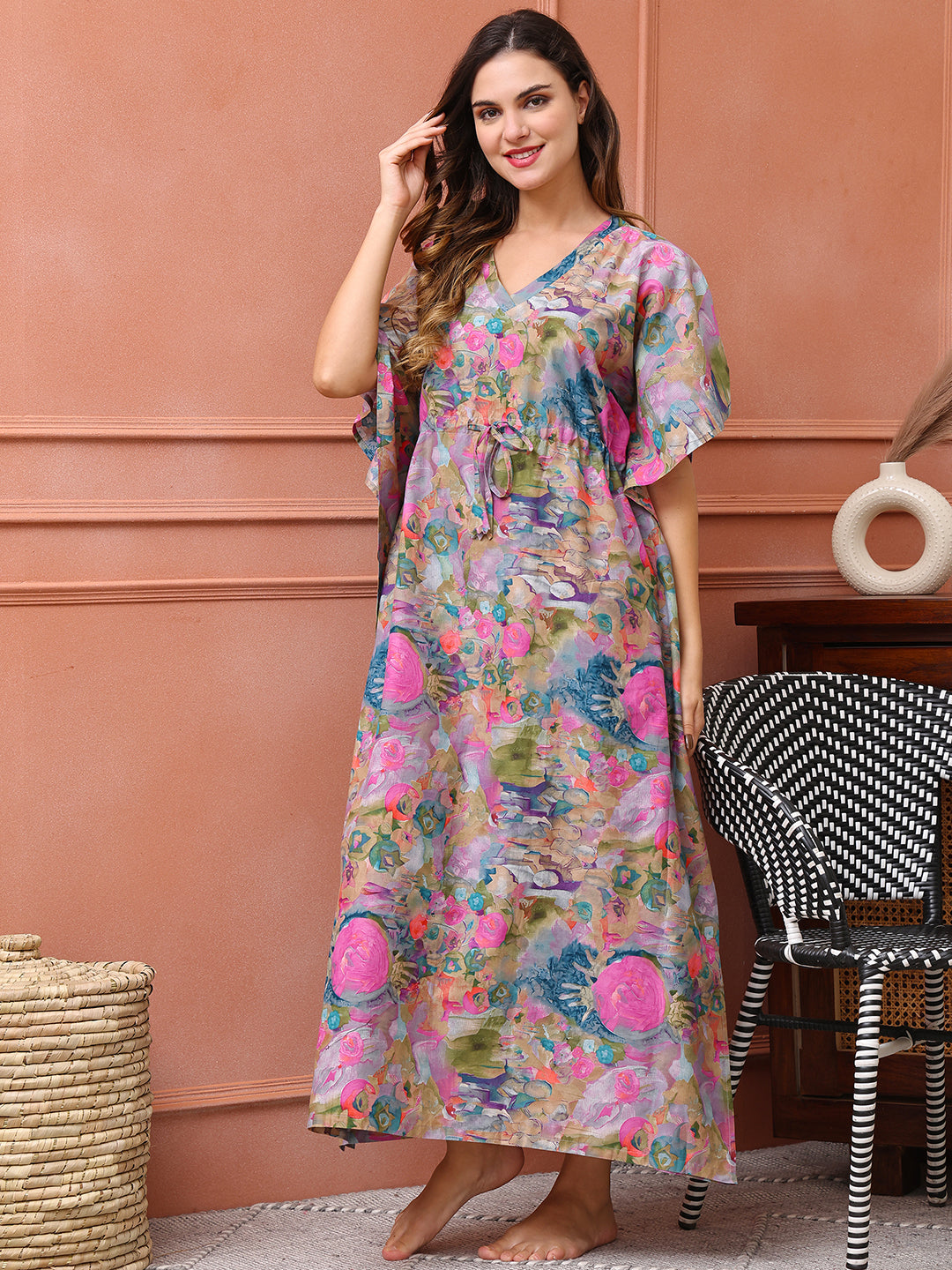 Multi colour Floral Printed Cotton Kaftan For Women