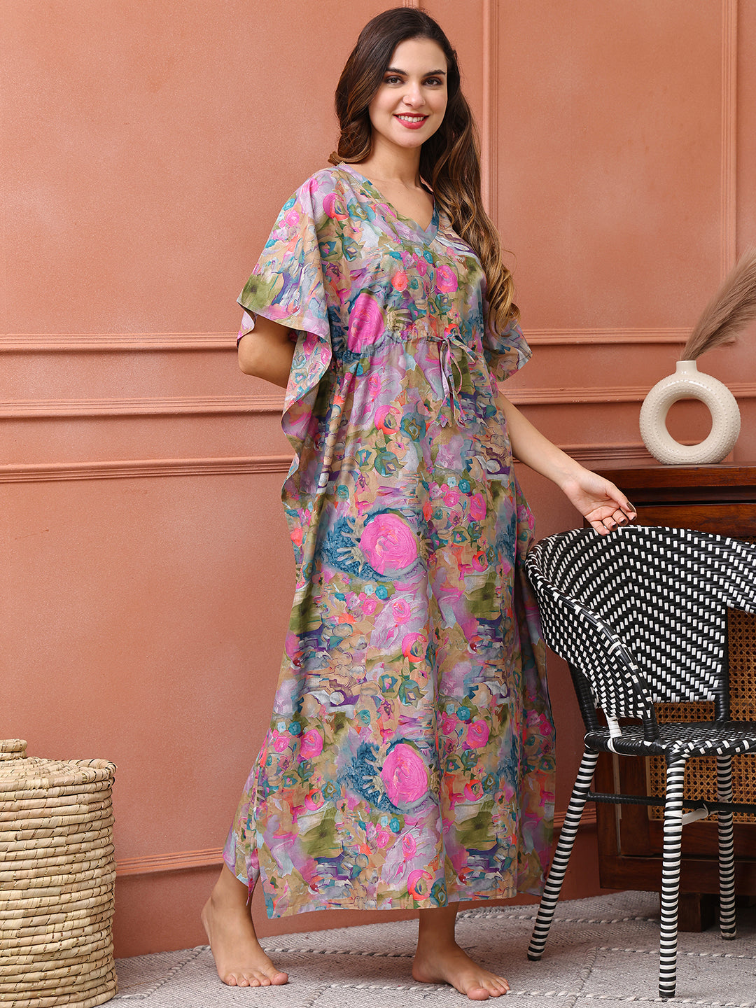 Multi colour Floral Printed Cotton Kaftan For Women