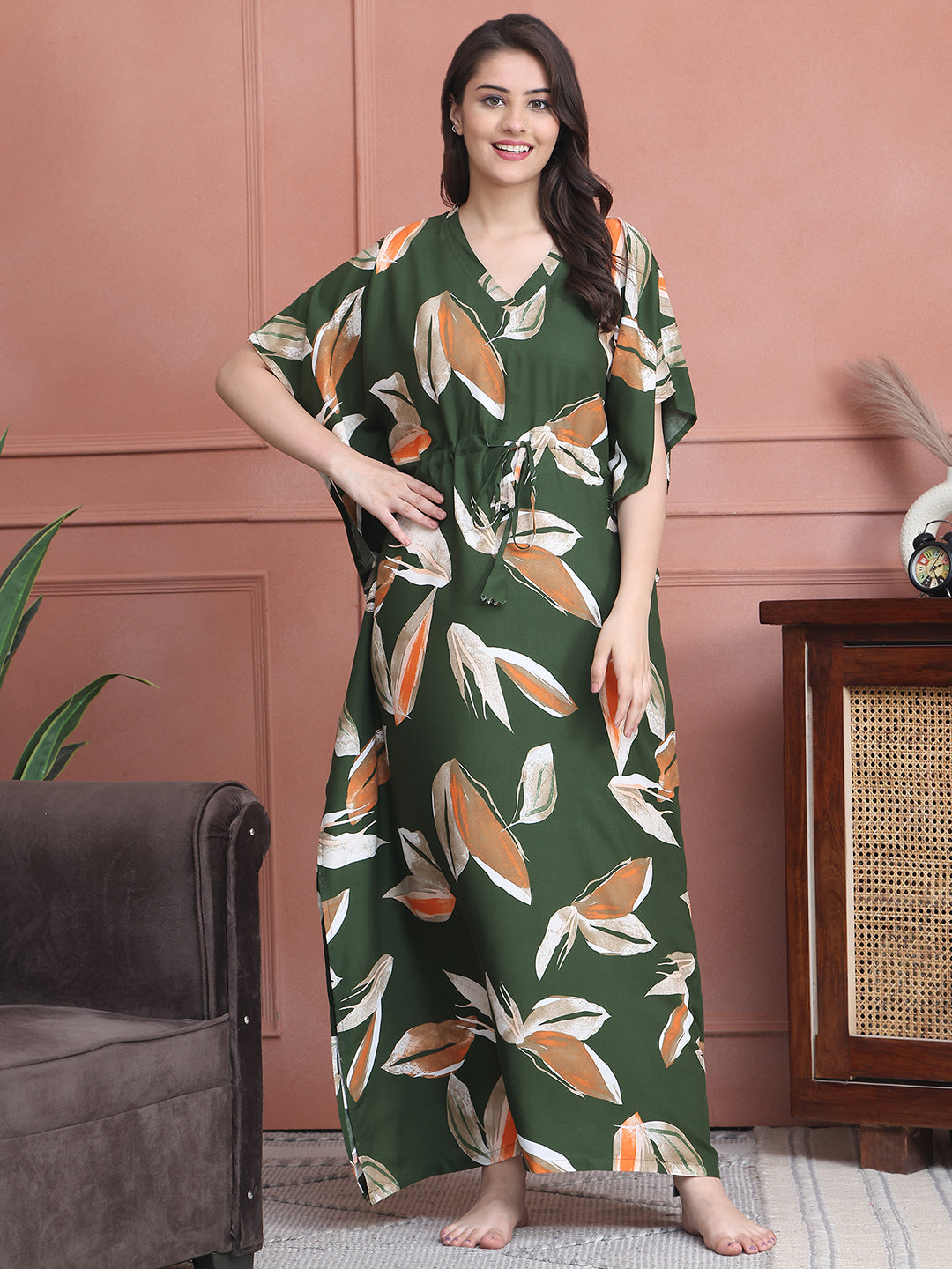Green Colour Abstract Printed Viscose Rayon Kaftan For Women