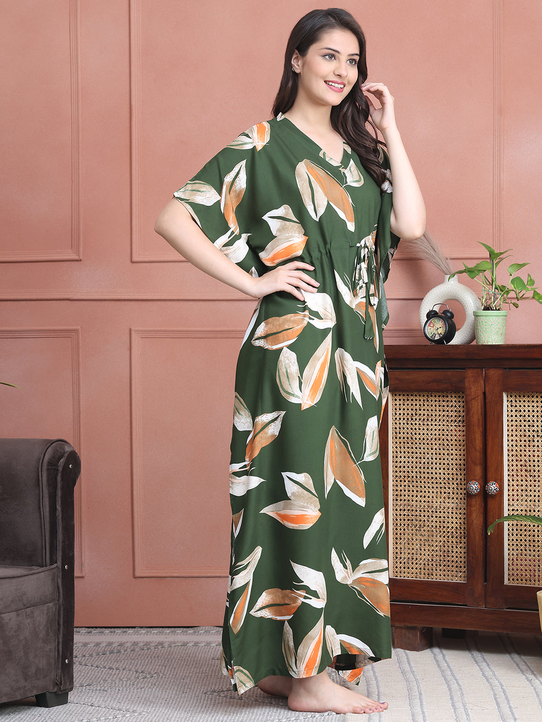 Green Colour Abstract Printed Viscose Rayon Kaftan For Women