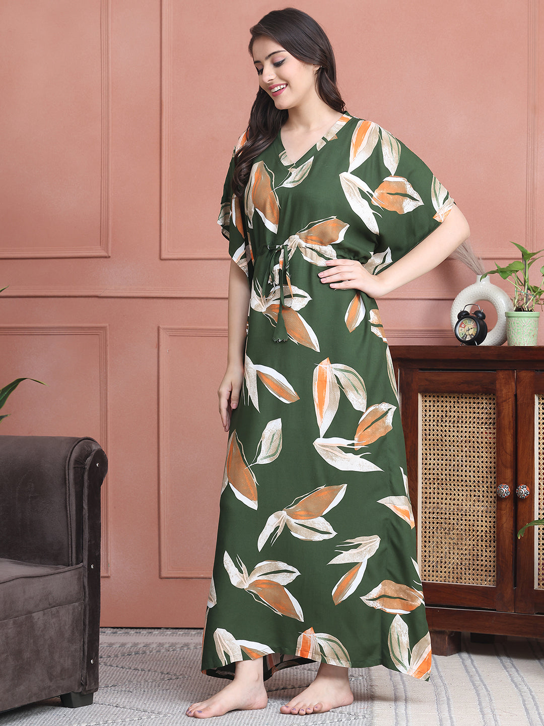 Green Colour Abstract Printed Viscose Rayon Kaftan For Women