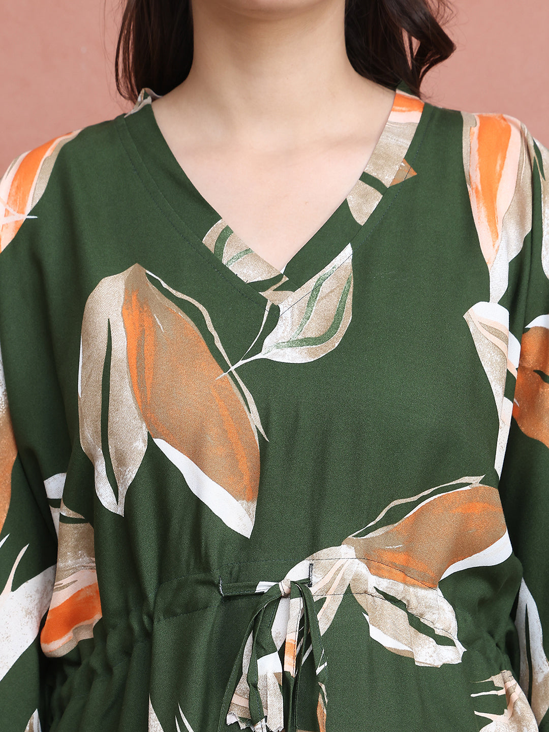 Green Colour Abstract Printed Viscose Rayon Kaftan For Women