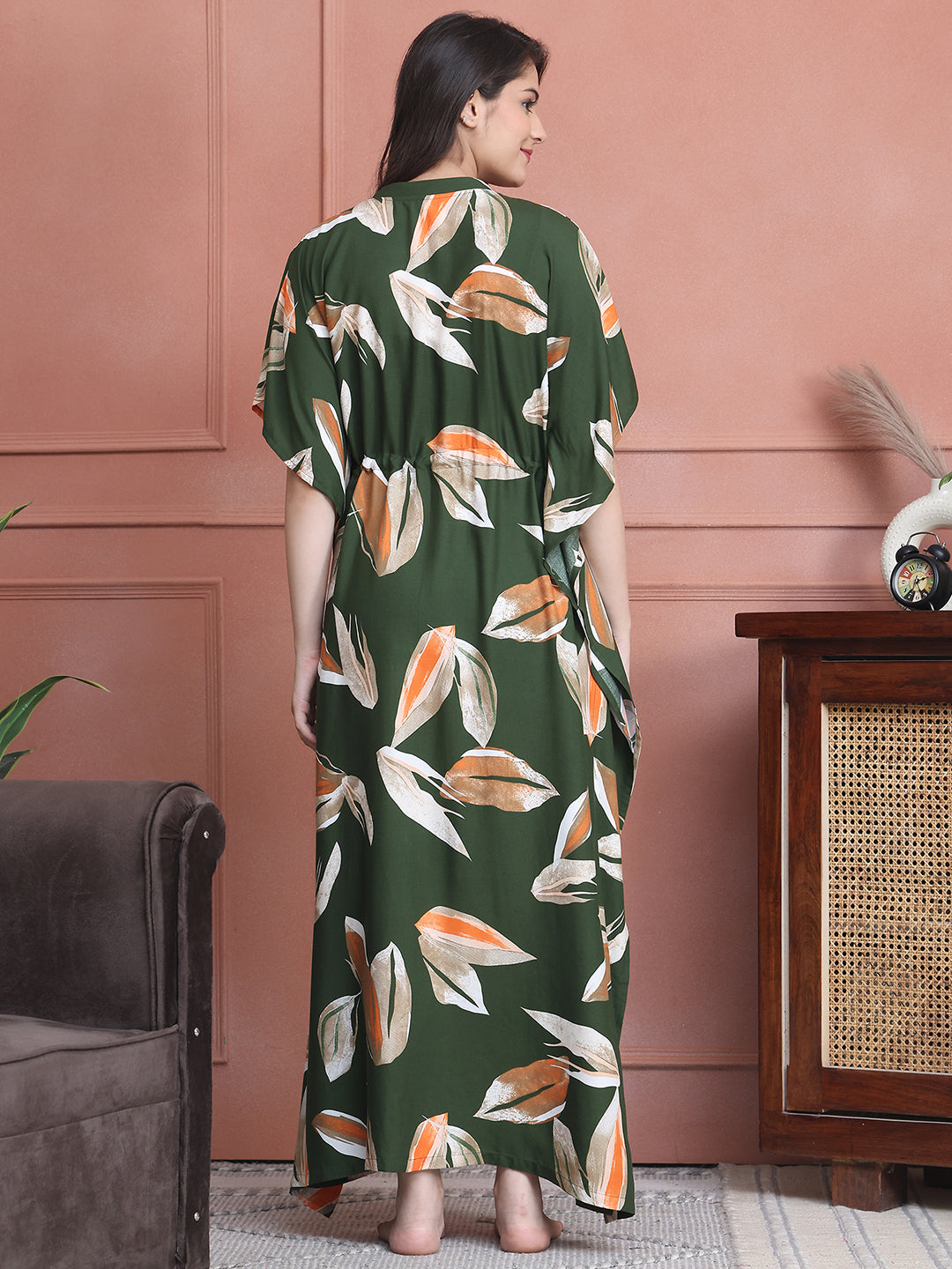 Green Colour Abstract Printed Viscose Rayon Kaftan For Women