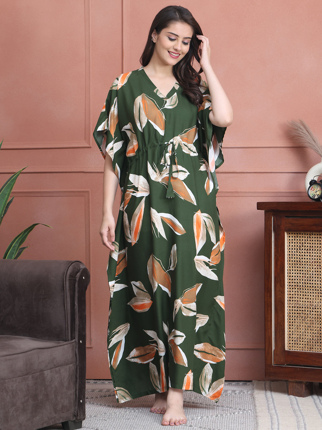 Green Colour Abstract Printed Viscose Rayon Kaftan For Women