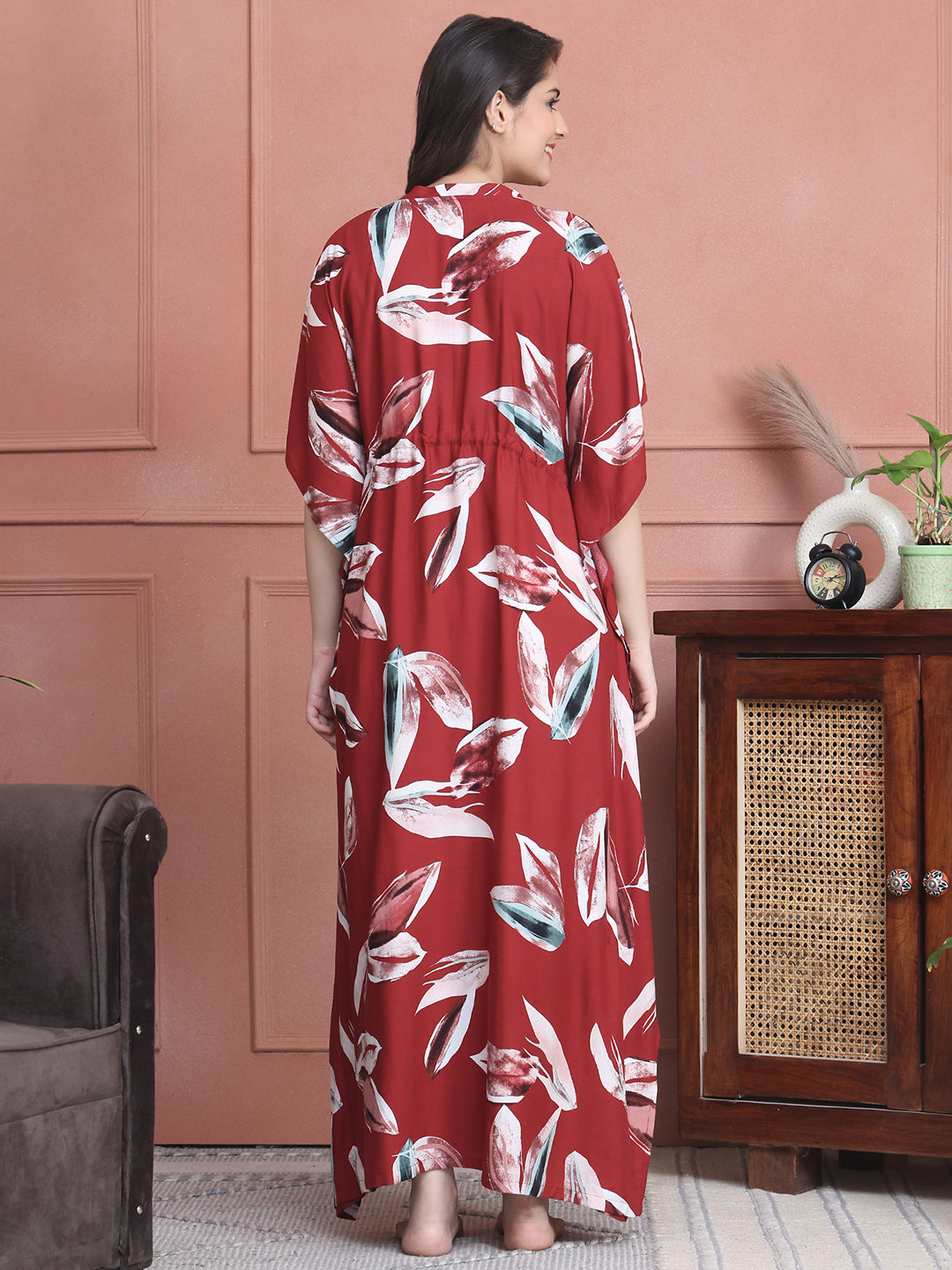 Red Colour Abstract Printed Viscose Rayon Kaftan For Women