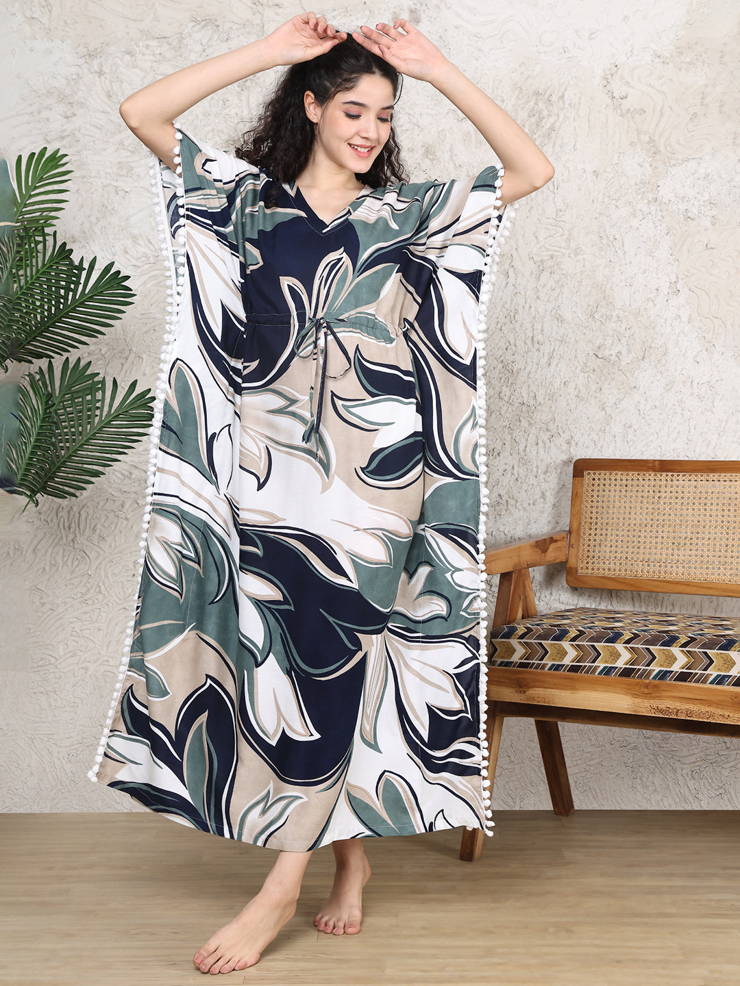 Blue Abstract Printed Kaftan Maxi Nightdress For Women