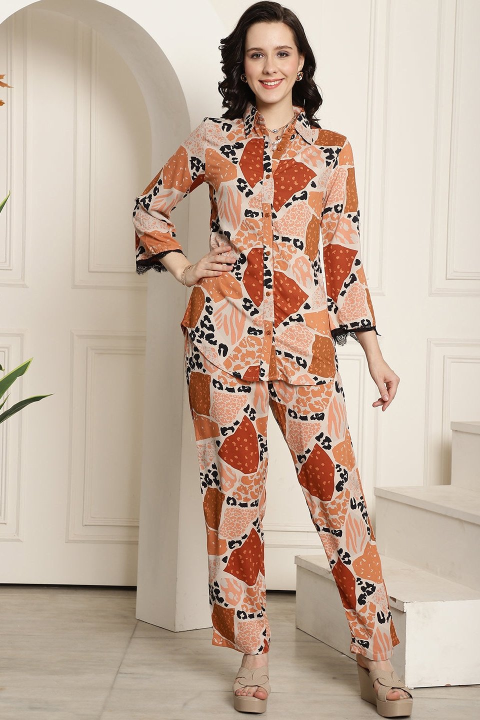 Brown Abstract Printed Viscose Rayon Co-Ord Set for Women