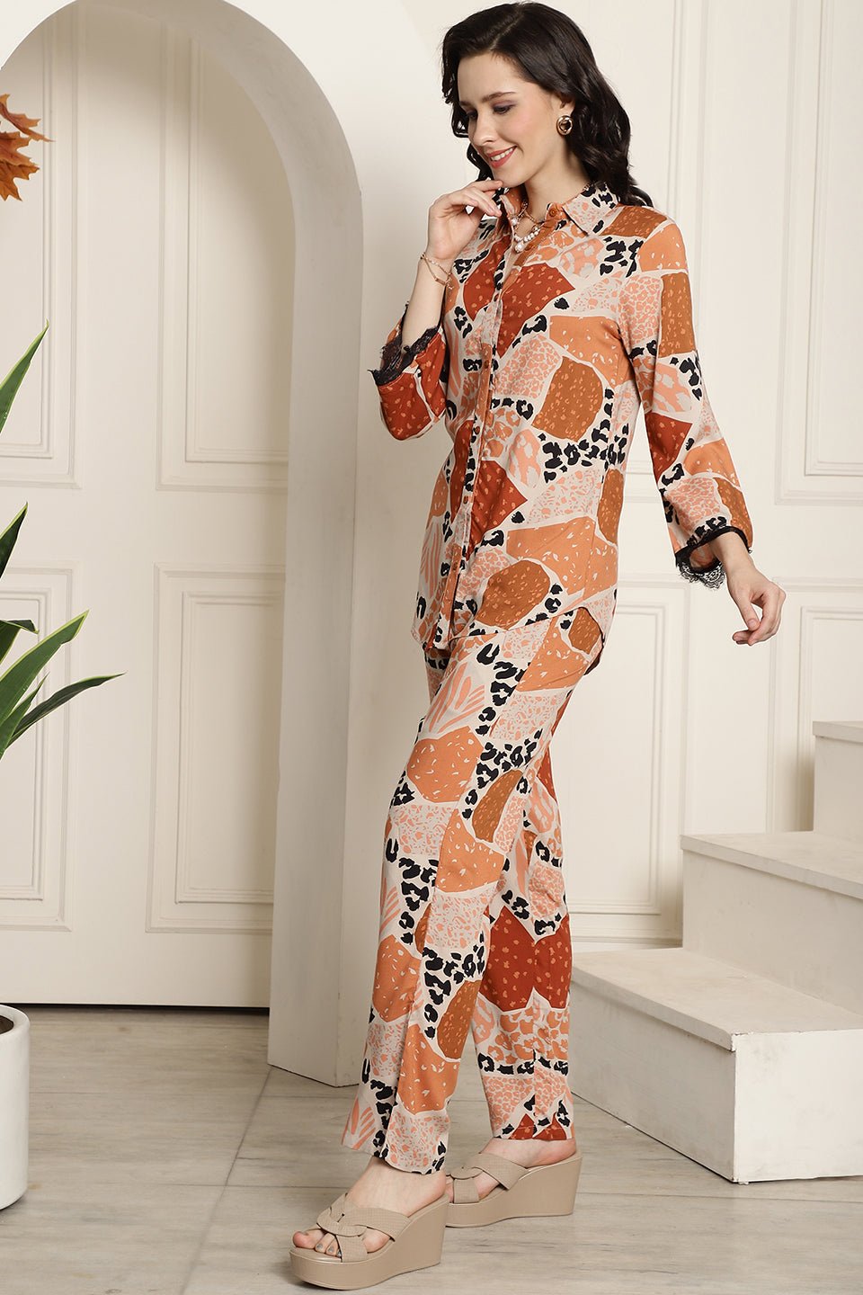 Brown Abstract Printed Viscose Rayon Co-Ord Set for Women