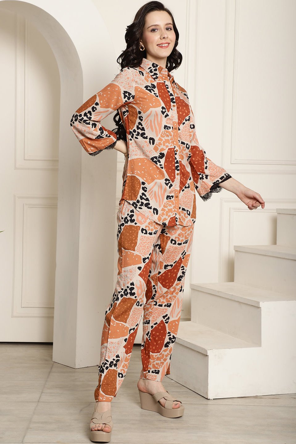 Brown Abstract Printed Viscose Rayon Co-Ord Set for Women