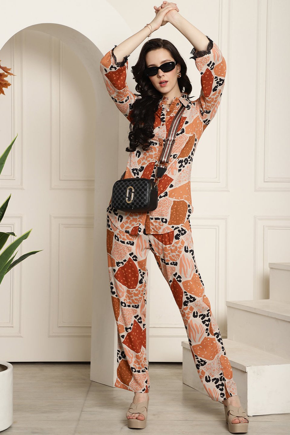 Brown Abstract Printed Viscose Rayon Co-Ord Set for Women