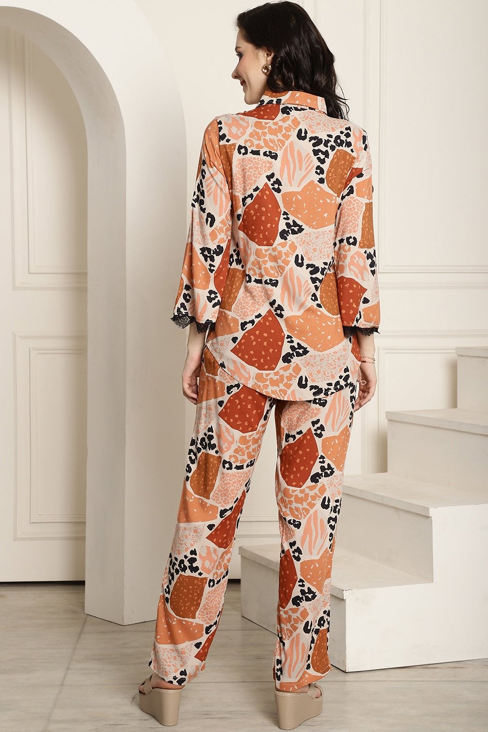 Brown Abstract Printed Viscose Rayon Co-Ord Set for Women
