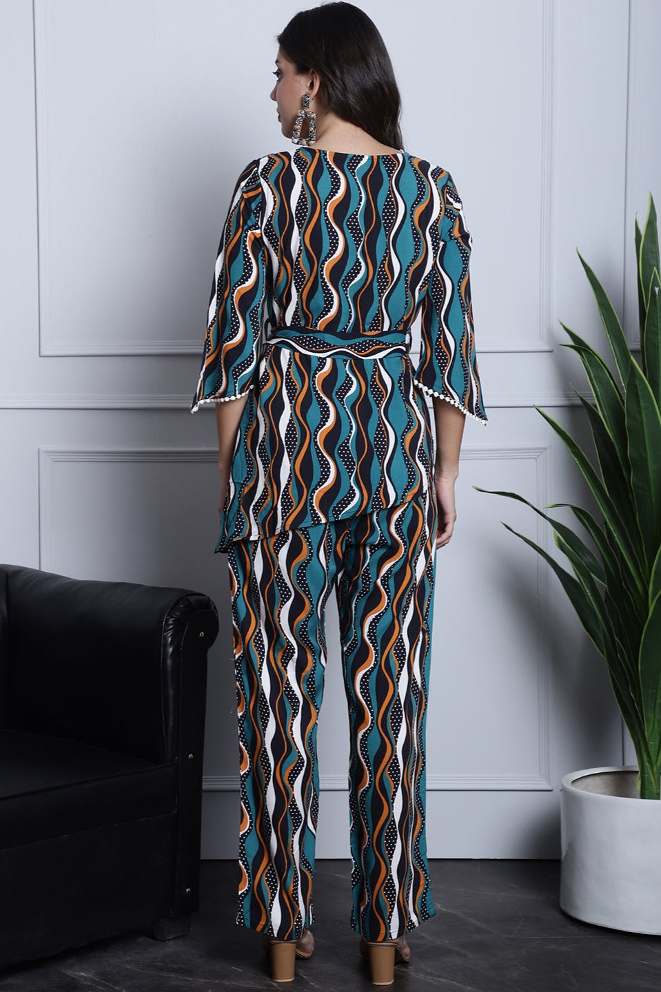 Green, Orange & White Geometric Printed Viscose Rayon Co-Ord Set for Women