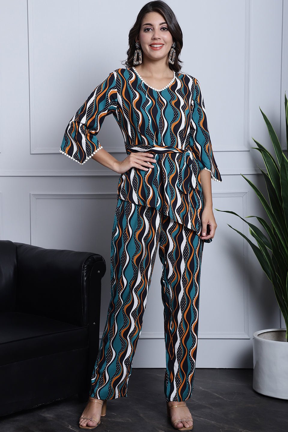 Green, Orange & White Geometric Printed Viscose Rayon Co-Ord Set for Women