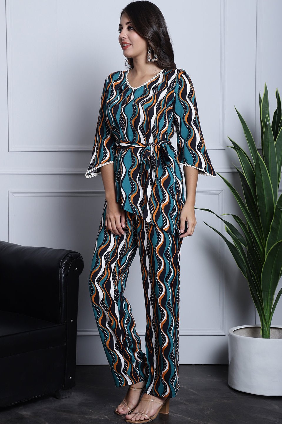 Green, Orange & White Geometric Printed Viscose Rayon Co-Ord Set for Women