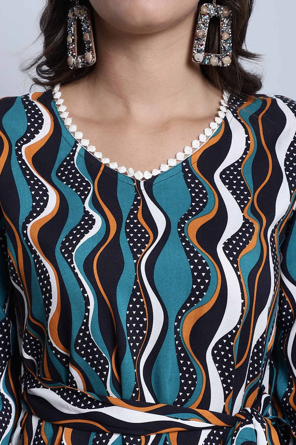 Green, Orange & White Geometric Printed Viscose Rayon Co-Ord Set for Women