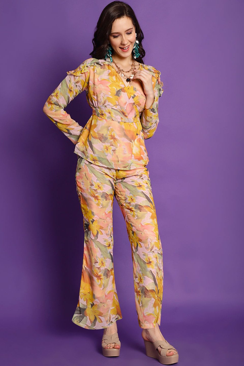 Yellow Floral Printed Georgette Top with Palazzo Co-Ord Set for Women